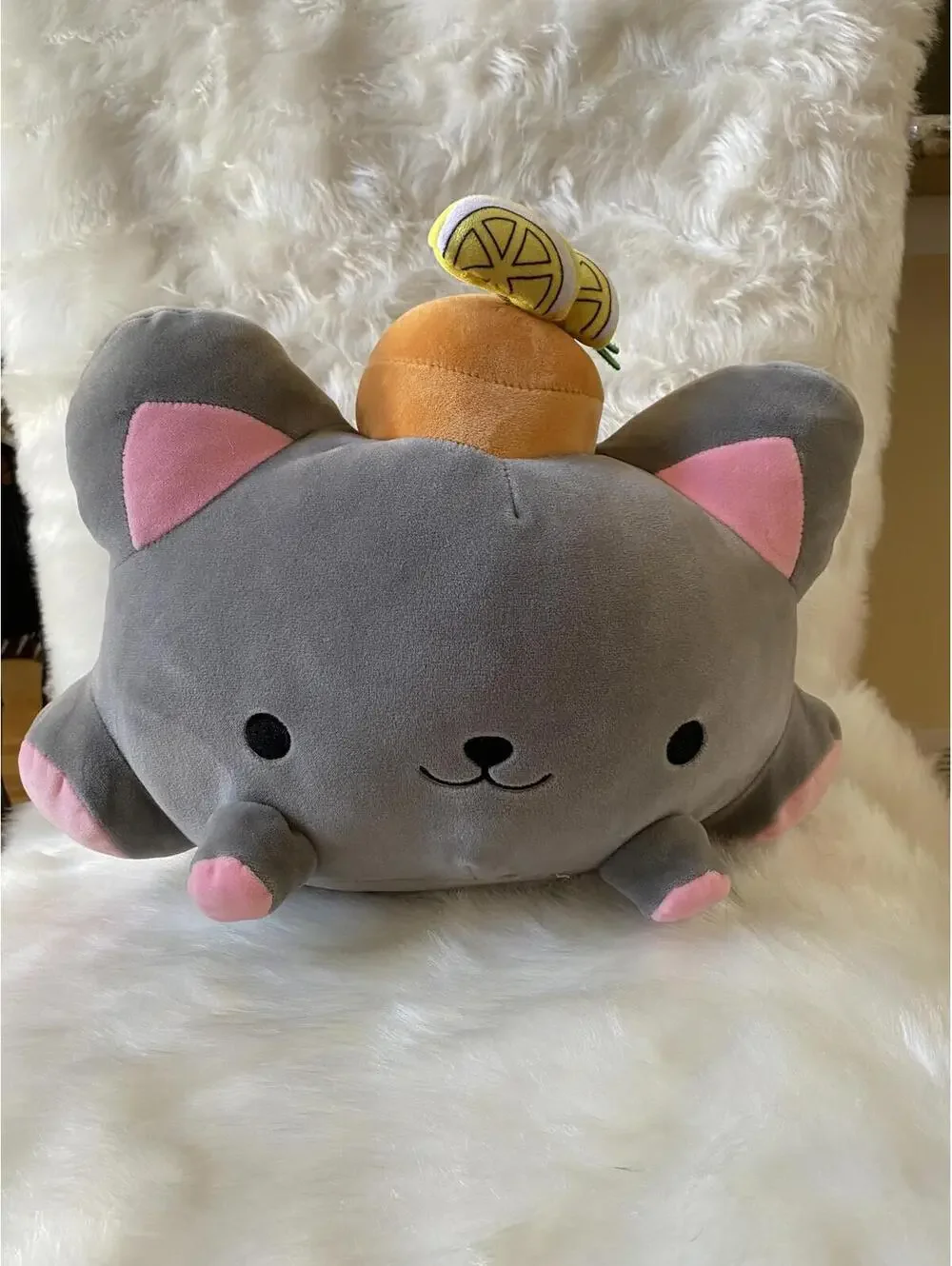 Gray Cat Plush Beanbag with Orange and Lemon Slice Details